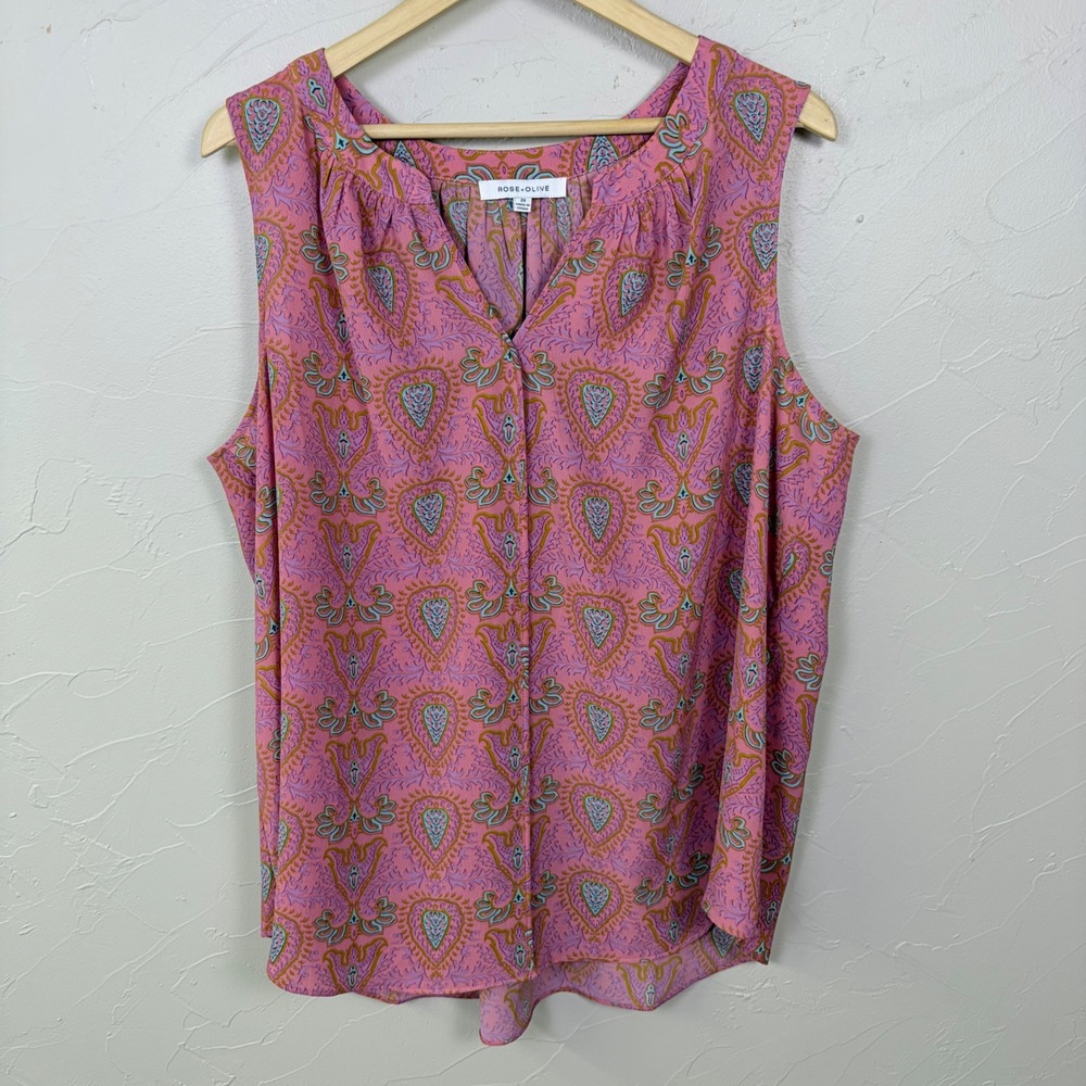 Rose + Olive Tank Top Womens 2X Pink Paisley V Neck Sleeveless Boho Blouse